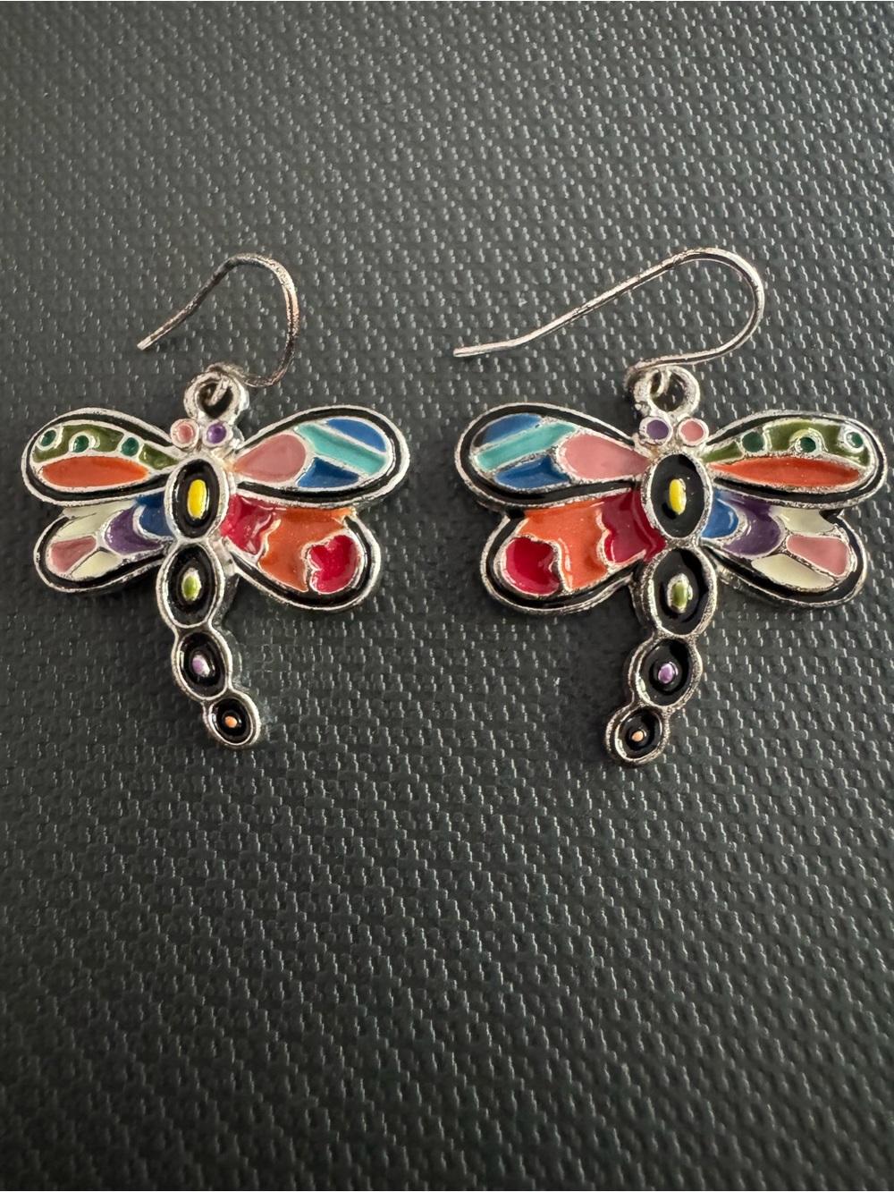 Multicolor Dragonfly Enamel Drop Earrings - Colorful Accent Silver tone